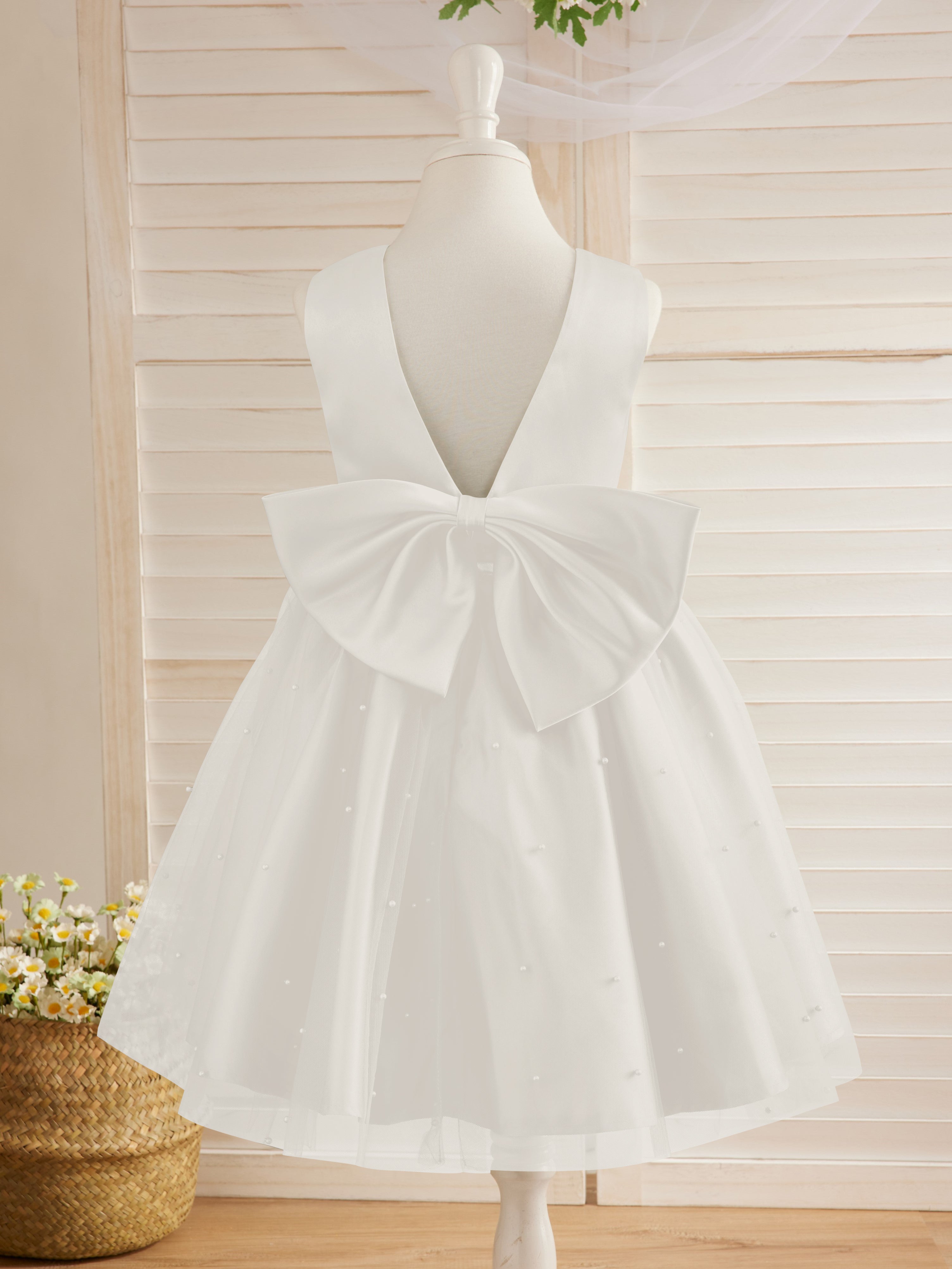 Vestido de princesa/vestido de princesa de satén y tul hasta la rodilla para niña de las flores 