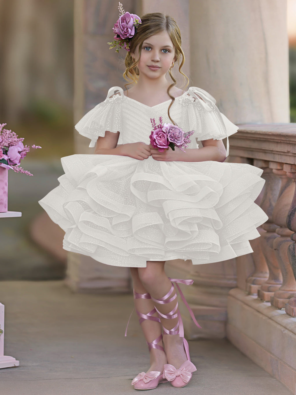 Vestido de princesa/vestido de tul hasta la rodilla para niña de las flores de cumpleaños 