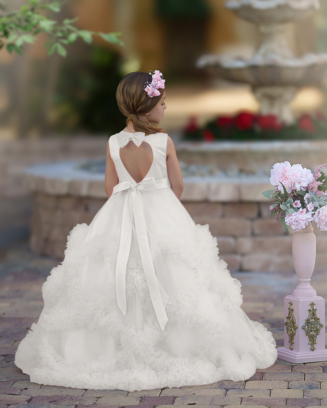 Vestido de niña de las flores de corte A, de satén y tul, hasta el suelo, con volantes en cascada. 