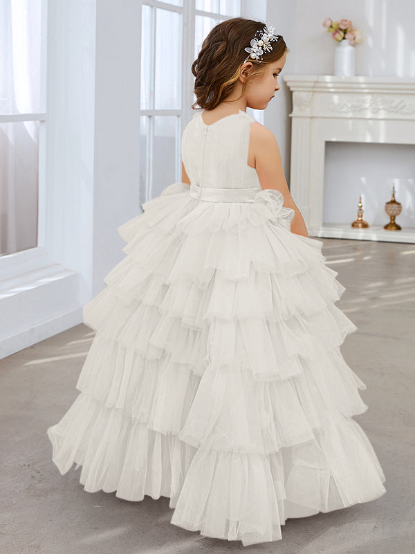 Vestido de princesa rosa perla sin mangas para niña de las flores con lazo de tul 