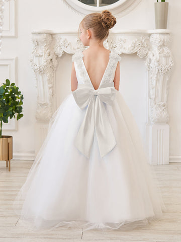 Vestido de princesa/de princesa con flores 3D de tul hasta el suelo, color marfil, para niña de las flores 