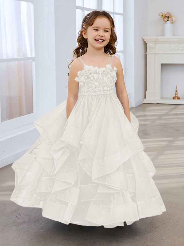 Vestido de niña de las flores de tul sin mangas, corte princesa, azul pizarra, corte en A, estilo princesa 