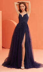 V-Neck Lace Appliqued Prom Gown