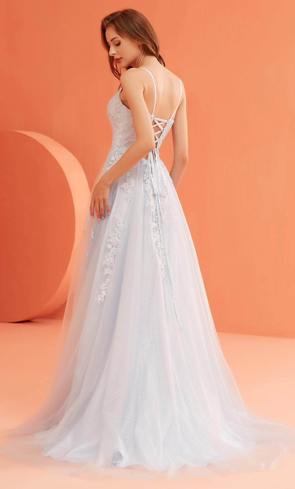 V-Neck Lace Appliqued Prom Gown