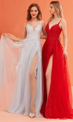 V-Neck Lace Appliqued Prom Gown