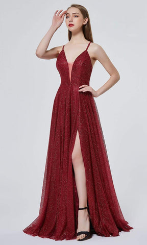 Glitter-Embellished Slit A-line Gown
