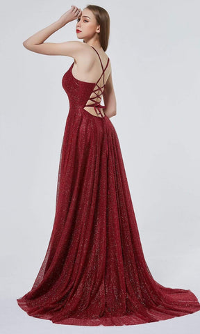 Glitter-Embellished Slit A-line Gown