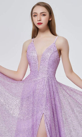 Glitter-Embellished Slit A-line Gown