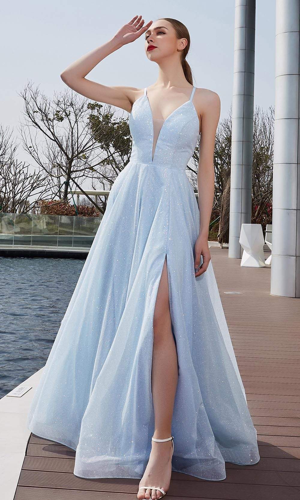 V Neck Glittered A-line Long Dress