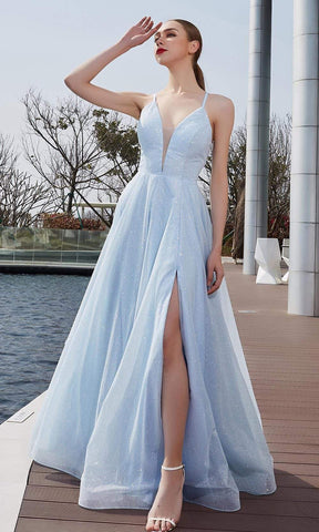 V Neck Glittered A-line Long Dress