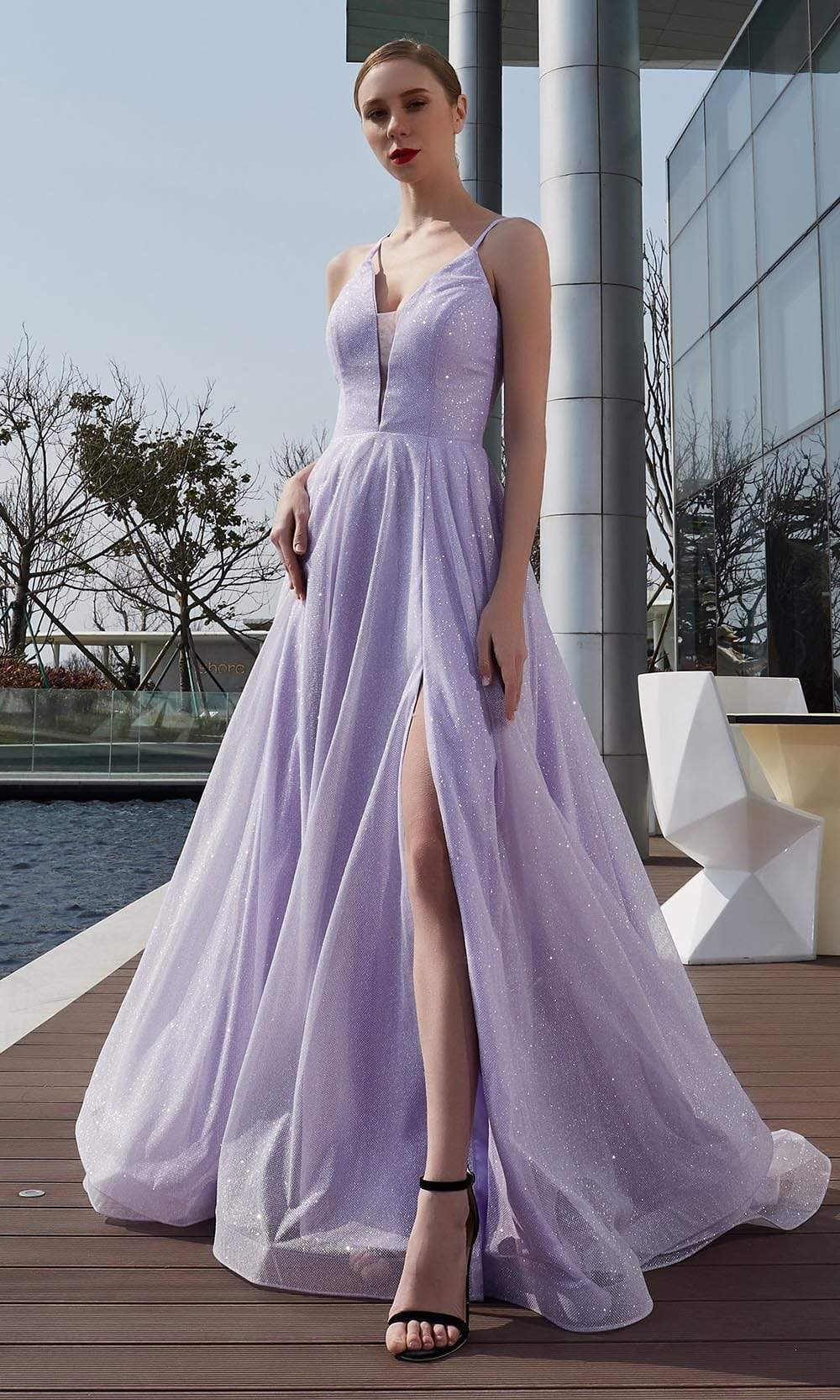 V Neck Glittered A-line Long Dress