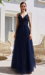 Lace Applique Bodice Glitter Tulle A-Line Gown
