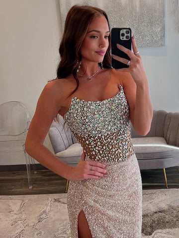 Jacqueline | Robe de bal longue sirène champagne sans bretelles à sequins avec fente