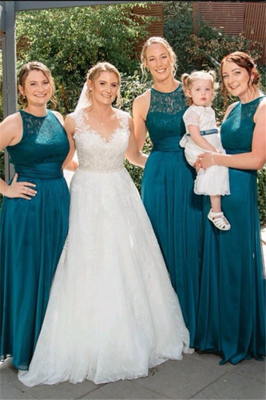 Vestidos de dama de honor sencillos sin mangas con encaje color jade