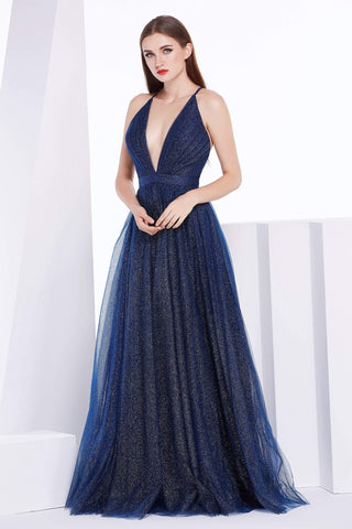 Robe trapèze en tulle scintillant à décolleté plongeant en V