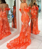 Jalea | Robe de bal longue sirène orange en dentelle avec décolleté cœur et fente