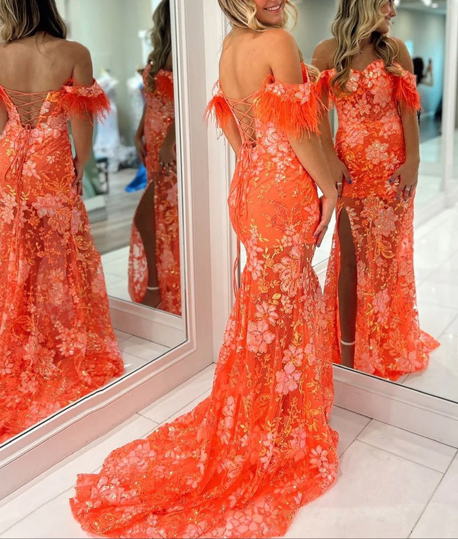 Jalea | Robe de bal longue sirène orange en dentelle avec décolleté cœur et fente