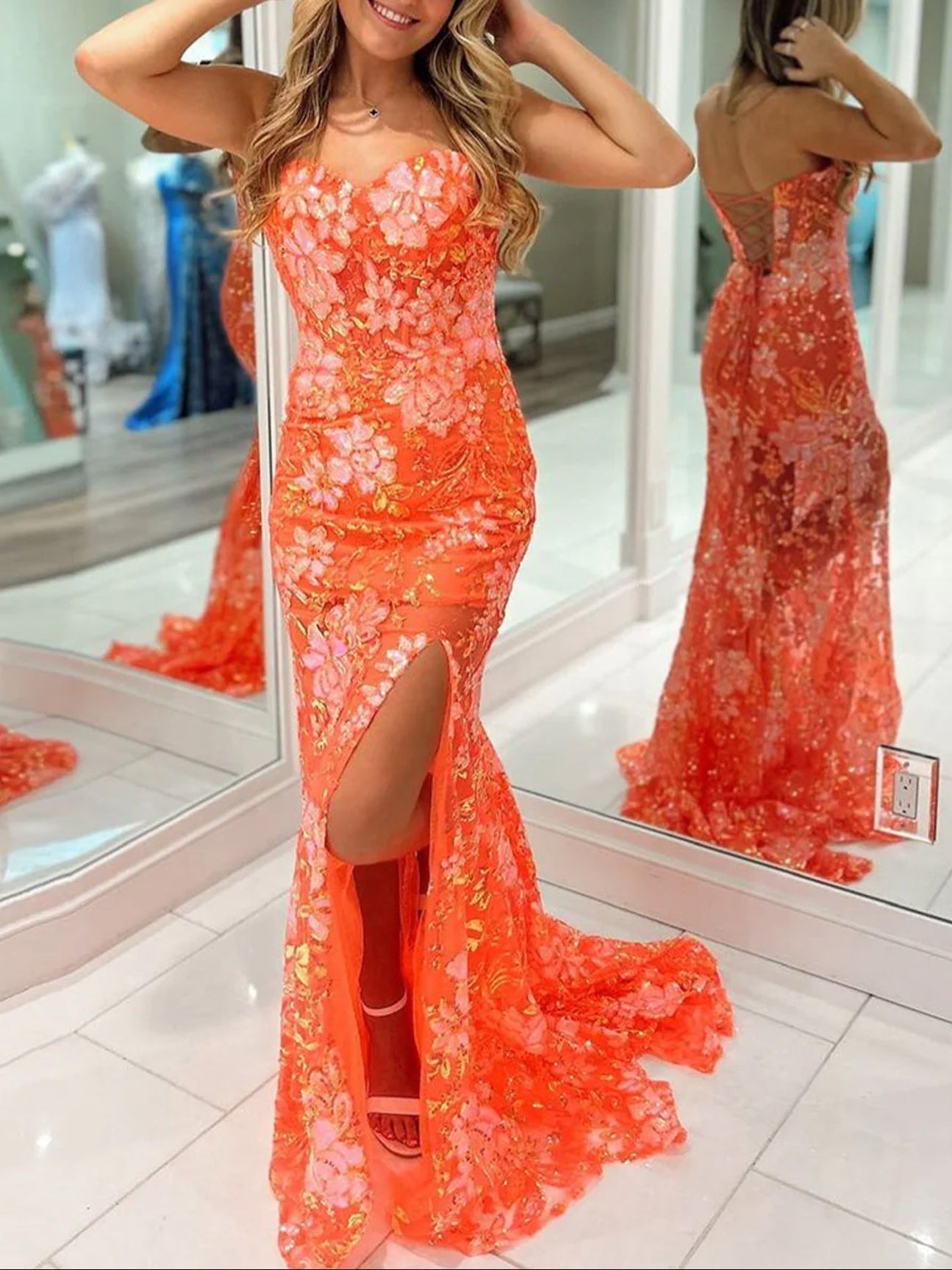 Jalea | Robe de bal longue sirène orange en dentelle avec décolleté cœur et fente