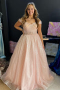 Jayla | Vestido largo de fiesta rosa rubor brillante con hombros descubiertos y escote cruzado