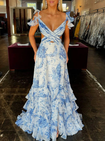 Jazzy | Vestido de fiesta de corte A, escote en V, estampado floral, gasa y abertura