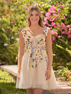 Vestidos cortos de fiesta de tul con flores 3D