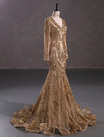 Vestido de noche corte sirena/trompeta, brillante y reluciente, ideal para carnaval, eventos formales, con cola, manga larga, escote en V, encaje afroamericano con lentejuelas.