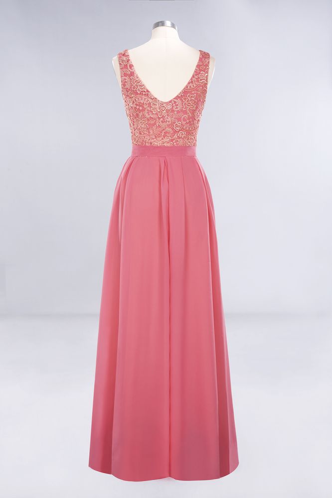 Robes de bal simples en dentelle florale à volants et bijoux | Robes de soirée corail sans manches de coupe trapèze