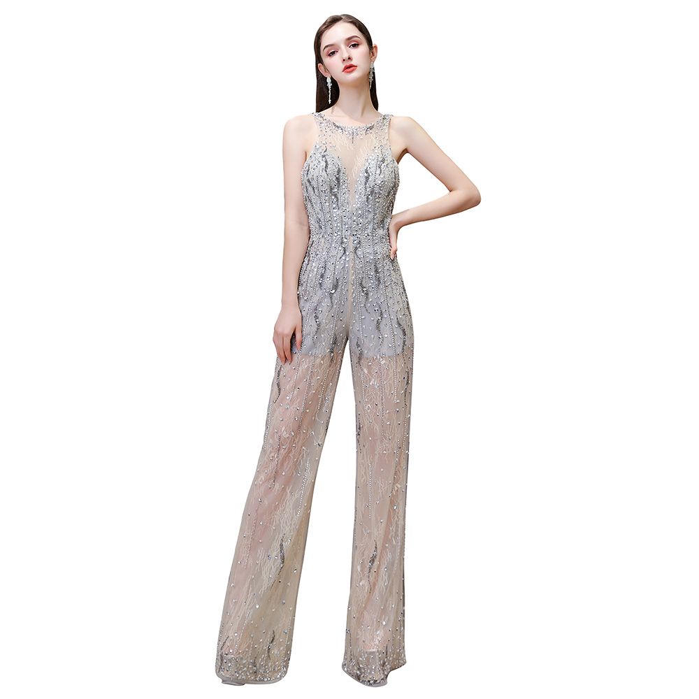 Combinaison de soirée sans manches en tulle à sequins Jewel