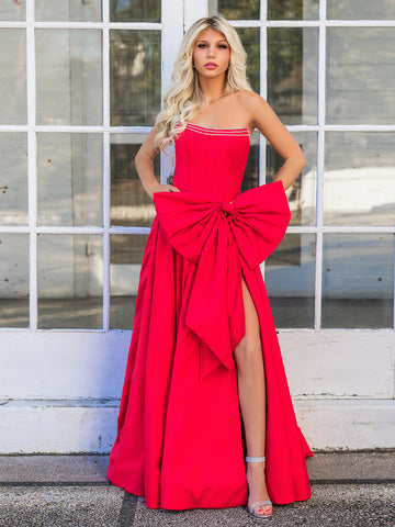 Jhenee | Robe de bal longue bustier rouge tendance en satin, coupe trapèze, avec nœud