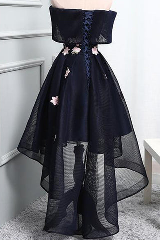 Unique A-Line High Low Off The Shoulder Lace Up Navy Blue Elegant Prom Dresses With Appliques