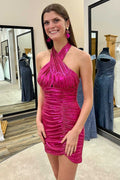 Vestido corto de fiesta fruncido con cuello halter