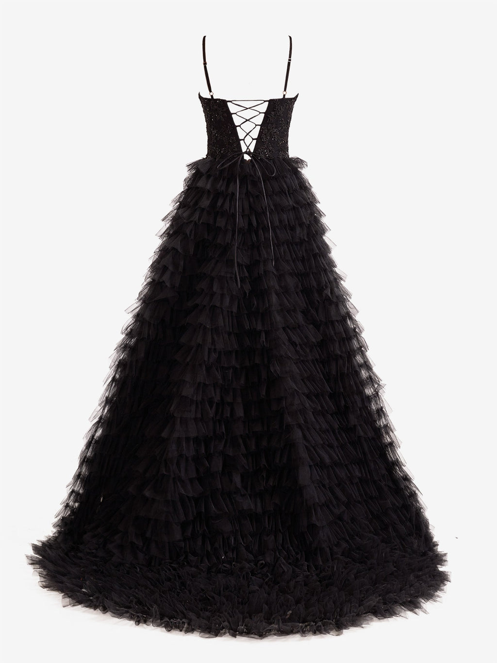Vestido largo de fiesta de tul con lentejuelas y falda escalonada en línea A