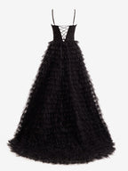 Vestido largo de fiesta de tul con lentejuelas y falda escalonada en línea A