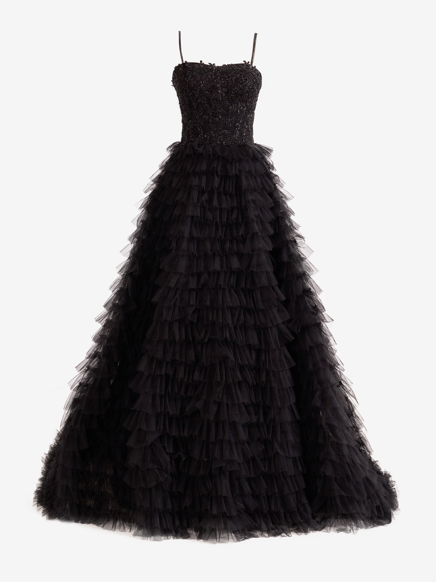 Vestido largo de fiesta de tul con lentejuelas y falda escalonada en línea A