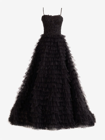 Robe de bal longue en tulle à sequins et à volants, coupe trapèze