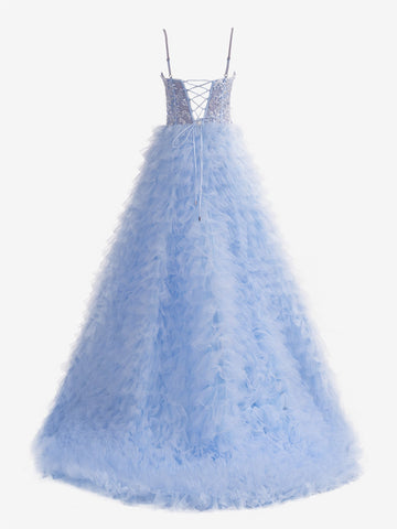 Robe de bal longue bleu ciel en tulle à sequins et sequins, coupe trapèze, à volants