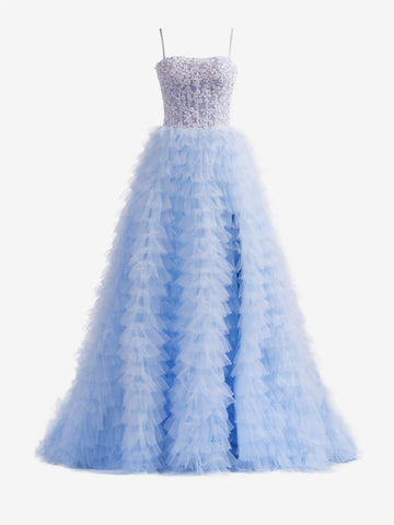 Robe de bal longue bleu ciel en tulle à sequins et sequins, coupe trapèze, à volants