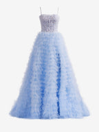 Vestido largo de fiesta de tul con lentejuelas y falda escalonada en línea A