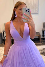 Vestido largo de fiesta de tul naranja con escote en V y corte en A