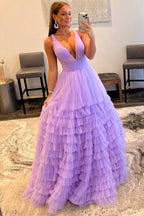 Vestido largo de fiesta de tul naranja con escote en V y corte en A