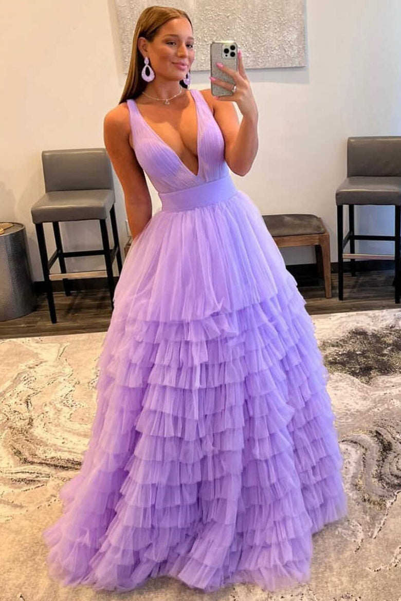 Vestido largo de fiesta de tul naranja con escote en V y corte en A