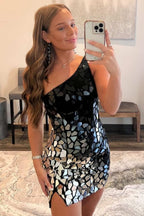 Robe courte asymétrique à une épaule en verre taillé dégradé et miroir