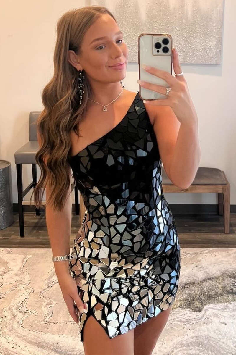 Robe courte asymétrique à une épaule en verre taillé dégradé et miroir