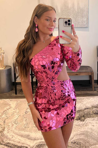 Robe de cocktail courte asymétrique à découpe en verre taillé et miroir