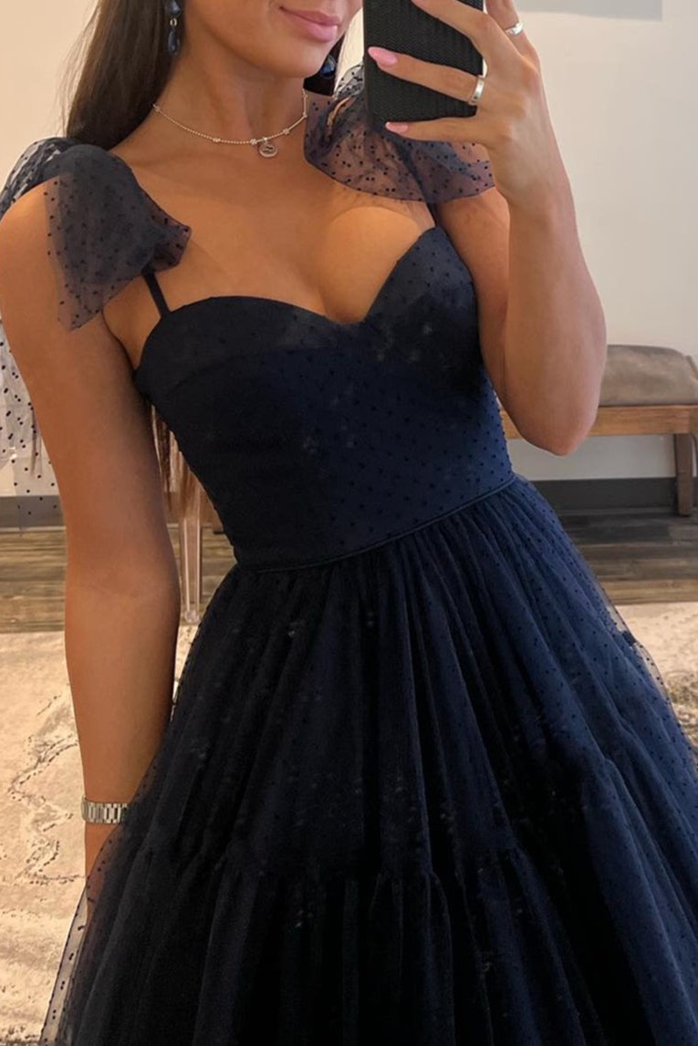 Skyler | Vestido de graduación de tul con lunares y escote corazón corte A