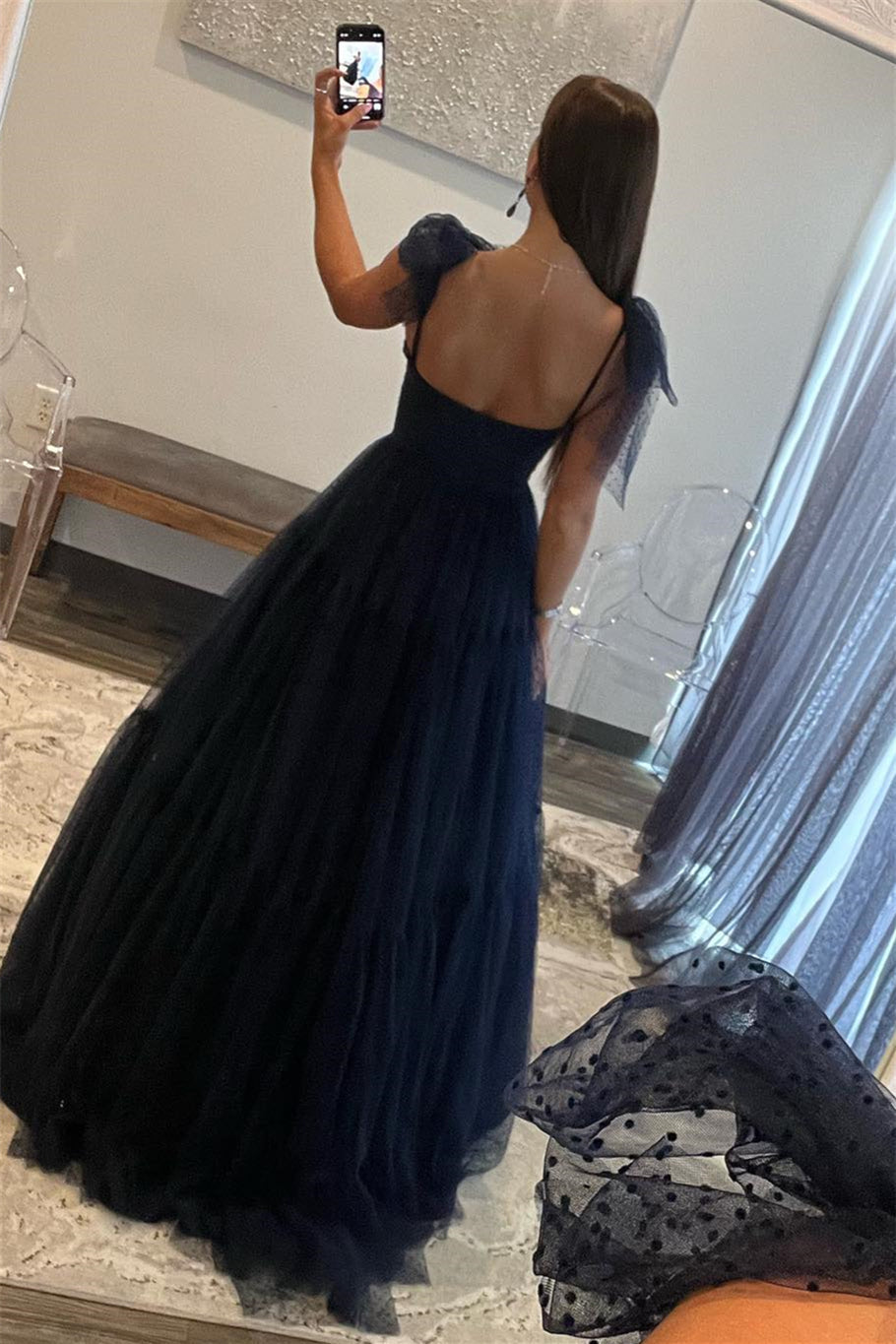 Skyler | Vestido de graduación de tul con lunares y escote corazón corte A