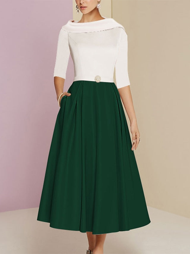 Robes de mère de la mariée de coupe trapèze/princesse, col rond, manches mi-longues, plis et poches 