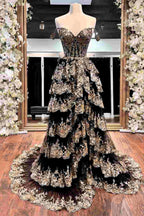 Kaira | Gold Off the Shoulder Sequin Long Prom Dress with Slit