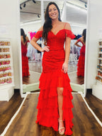 Kalel | Robe de bal sirène à manches froides en dentelle rouge à volants 