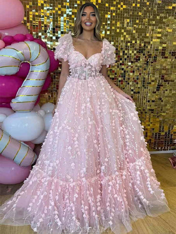 Keisha | Vestido de graduación rosa princesa con escote corazón, mangas abullonadas y flor 3D 